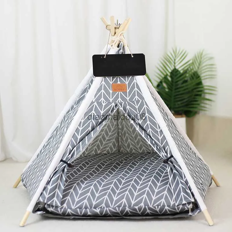 Other Pet Supplies Linen Pet Cat Dog Teepee Tent House Bed Set with Cushion and Blackboard Removable Washable Folding Portable Teepee Cave 24inch HKD230821