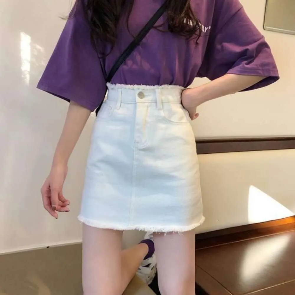 Saia jeans de verão feminino coreano tamanho grande gordura mm tudo combinado estilo preppy cintura alta uma linha