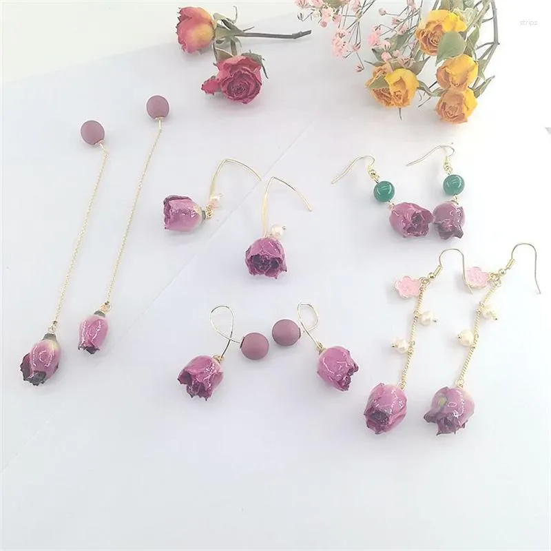 Boucles d'oreilles pendantes en forme de fleur de Rose séchée pour femmes, longues pampilles asymétriques suspendues, clip d'oreille, bijoux de fête de mariage pour filles