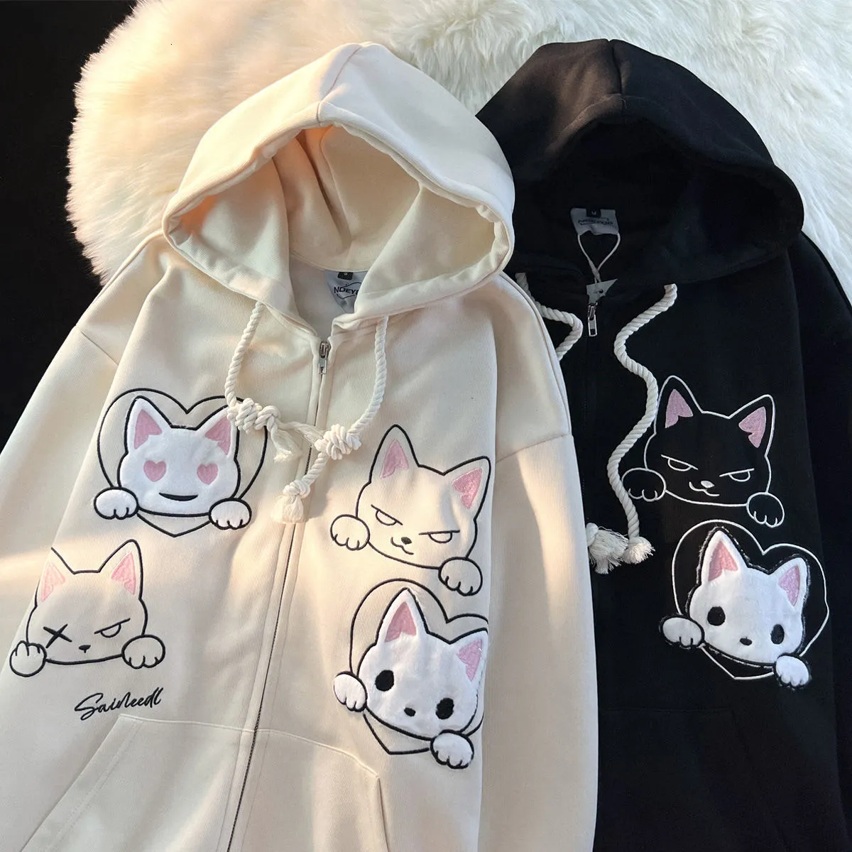 Sweats à capuche pour femmes Sweatshirts japonais mignon flocage broderie chat à capuche Y2K collège style lâche sweat fermeture éclair paresseux chic à capuche couple pull 230822