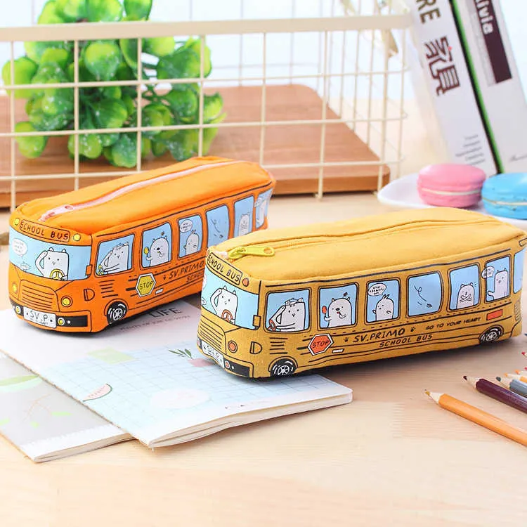 Jouets d'apprentissage chat Bus école Bus trousse à crayons en toile sacs à crayons Kawaii garçon fille capacité fournitures scolaires papeterie sac cosmétique 2021 nouveau