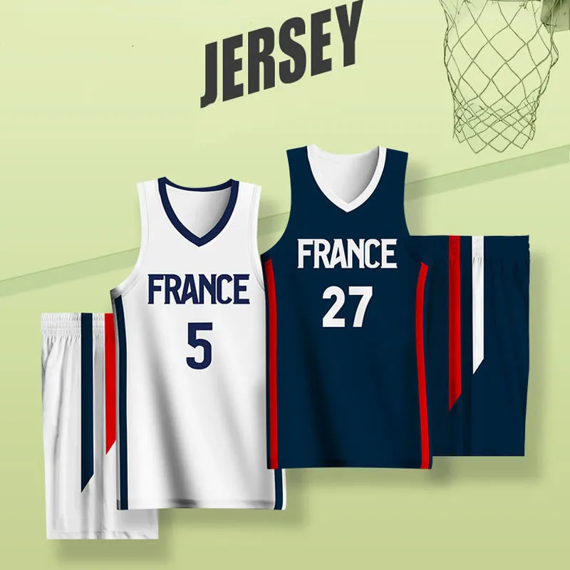 Ausführen von Sets Basketball für Männer anpassbare Teamname Nummer Frankreich Buchstabe gedruckte Trikot -Shorts schnell trockene Trainingseinrichtungen 230821