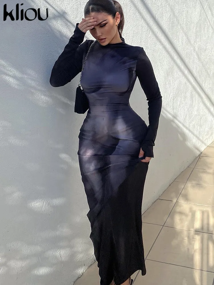 Urban Sexy sukienki Kliou 3D Body Print Maxi Dres Y2K Aesthetic Full Sleeve Unikalny nadwozie szlafrok stroju Oszałamiająca lady impreza klubowa 230821