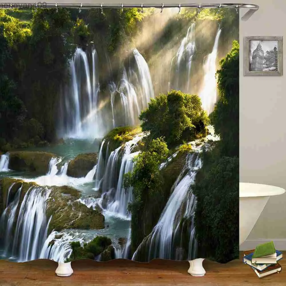 Rideaux de douche 3D cascade forêt paysage naturel impression salle de bain rideau de douche étanche rideau de bain rideau de décoration de la maison R230822