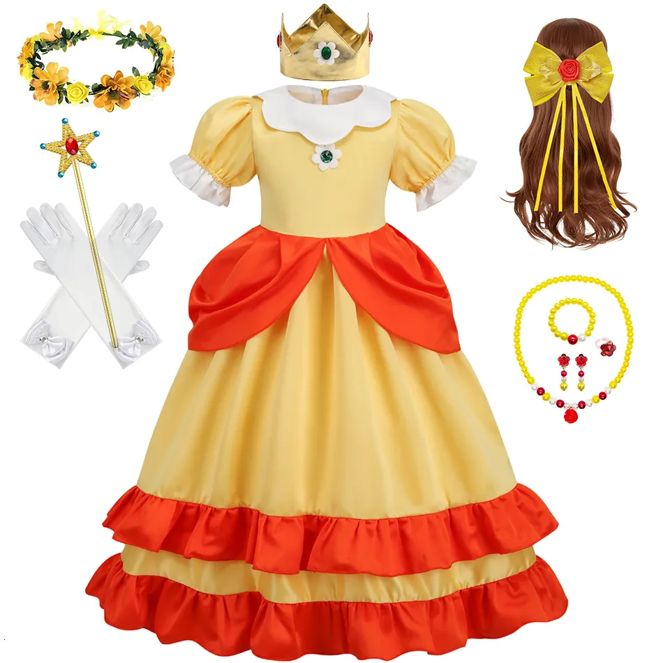 Cosplay Daisy Princess Dress Girl Cartoon Movie Cosplay Costume Summer Kids Orange Party Outfits 210 Years Halloween Fancy Clothes 230822