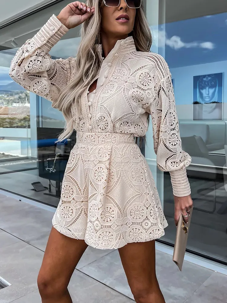 Womens Lace Two Piece Casual Outfit With Hollow Out Pants