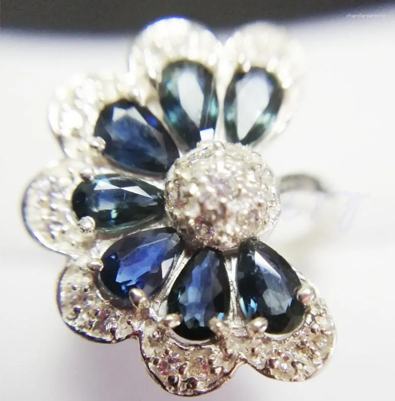 Cluster Rings Per Jewelry Natural Real Sapphire Flower Ring 925 Sterling Silver 0.4ct 7pcs Gemstone Fine C90118009