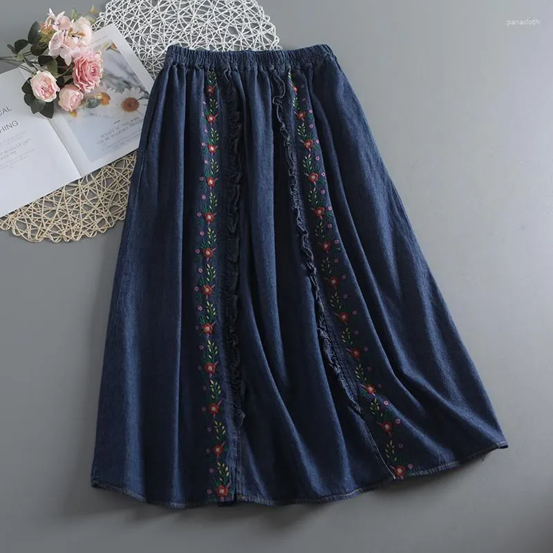 Skirts Vintage Washed Denim Stingy Waist Skirt Girl's Flower Embroidered Wood-ear Long