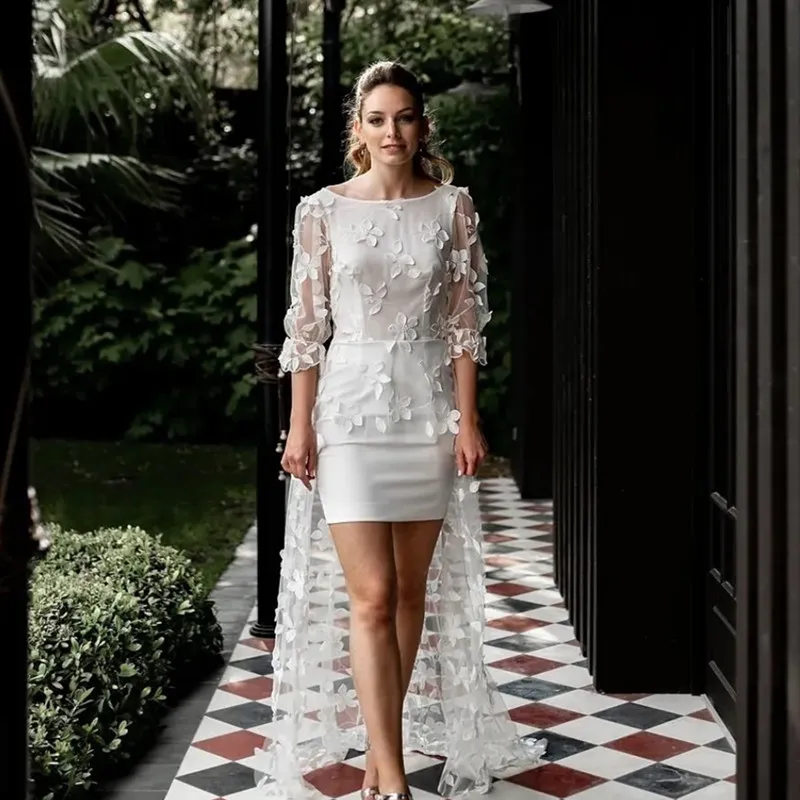 Semplice abito da sposa corto con treno fiori 3d appliques in pizzo lunghezza del pavimento senza schienale a tre quarto di abito da sposa per donne Vestidos de nolia