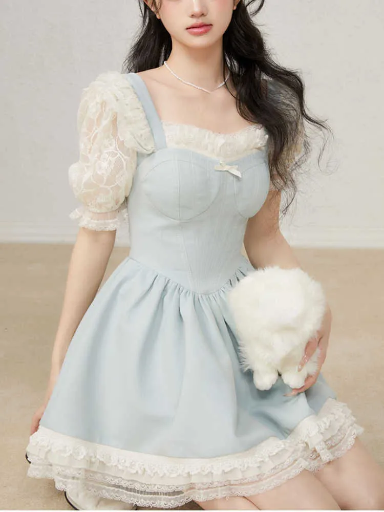 Bubble Sleeve Vintage Elegant Dress Woman Lace Blue Kawaii Sweet Party Mini Female Bow Korean Fashion Summer 230808