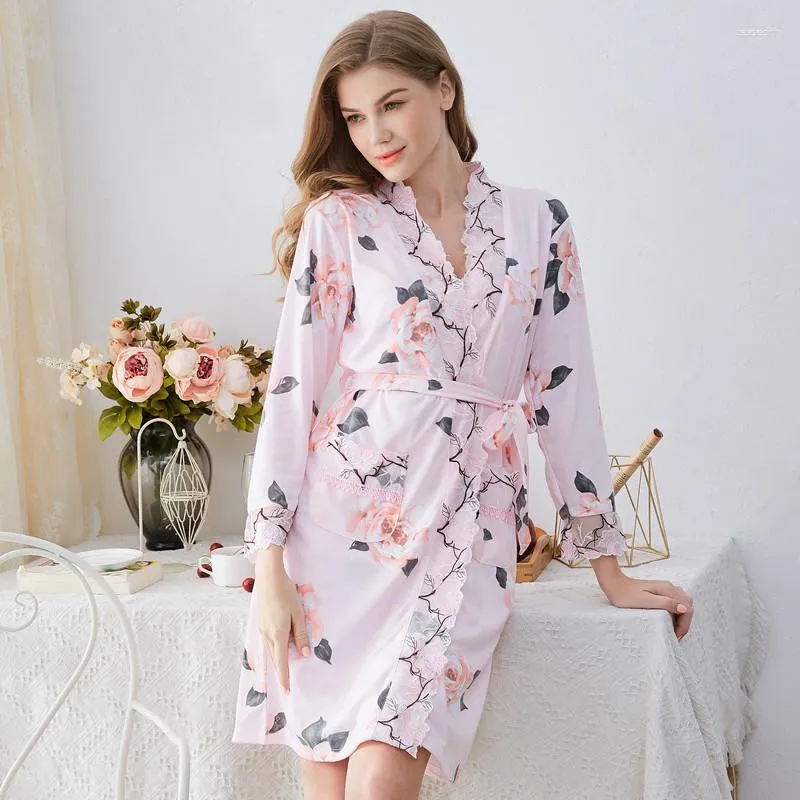 Women's Lace Sleepwear Set - Long Sleeve Robe and Gown for Home Wear