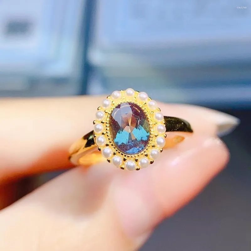 Кластерные кольца серебряное обручальное кольцо с александритом с жемчужным цветом изменение 925 стерлинговых украшений для подарка