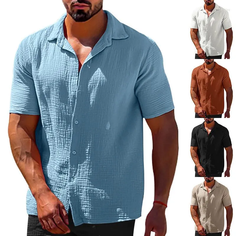 T-shirts pour hommes Chemise en lin boutonnée à manches courtes à revers d'été décontracté