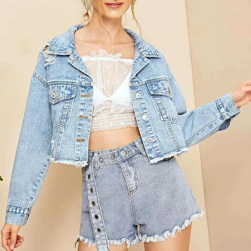 Women's Jackets White Ripped Cropped Jean Jacket Women 2023 Autumn Casual Long Sleeve Black Tassel Denim Coat Woman Fashion Loose Short