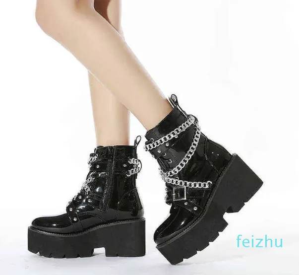 Botas Mulheres Gótico Botas de tornozelo Zip Punk Platform Sapatos Goth Winter Lace-up Booties Chunky Heel Sexy Chain