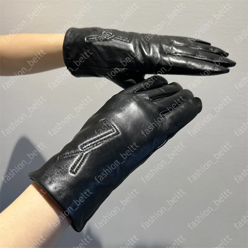 Vinterkvinnor designer handskar äkta läder fårskinn damer lyxbrev broderi handskar ull varm handske svart