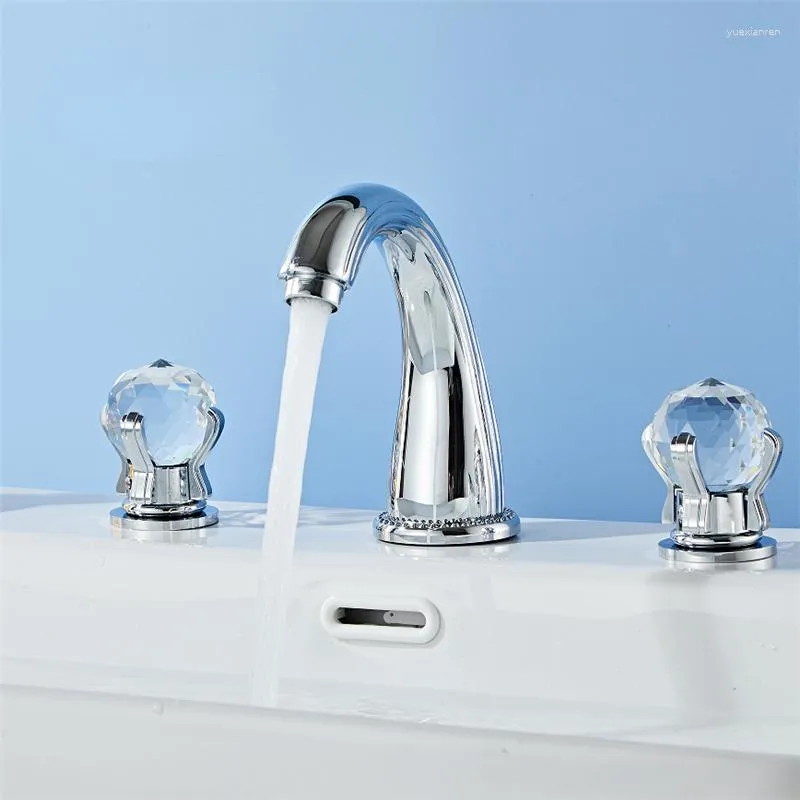 Bathroom Sink Faucets Basin Faucet Black Widespread Tap Brass Gold 3 Hole Crystal Handle And Cold Water