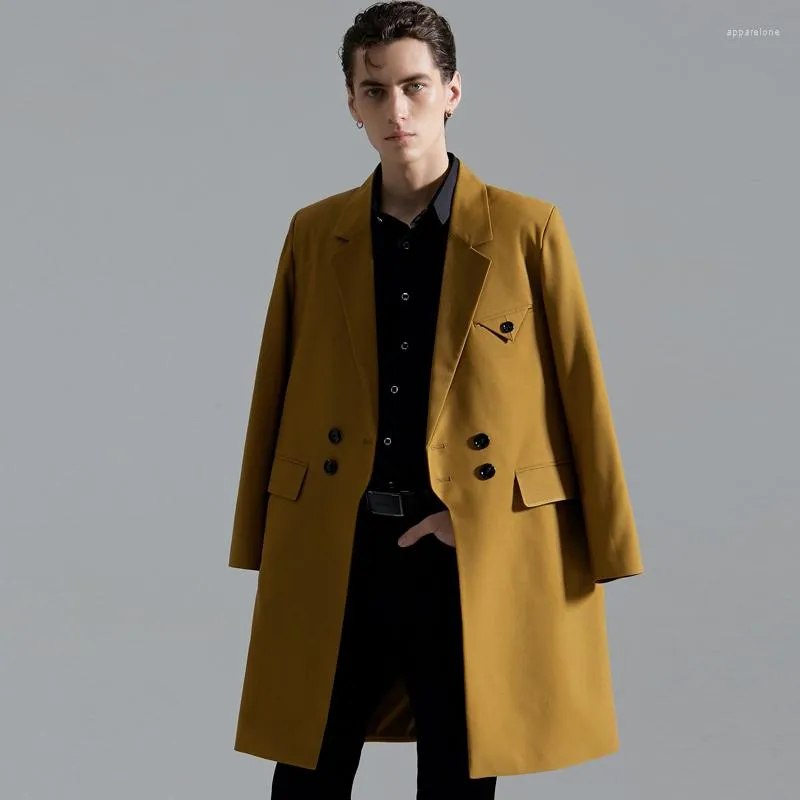 Trench Coats voor heren 2023 MID LENGTE STIJL MANNELIJKE LUXE LUXE DUBBELE BORSTED Casual Jackets Autumn Winter Fashion Loose Man