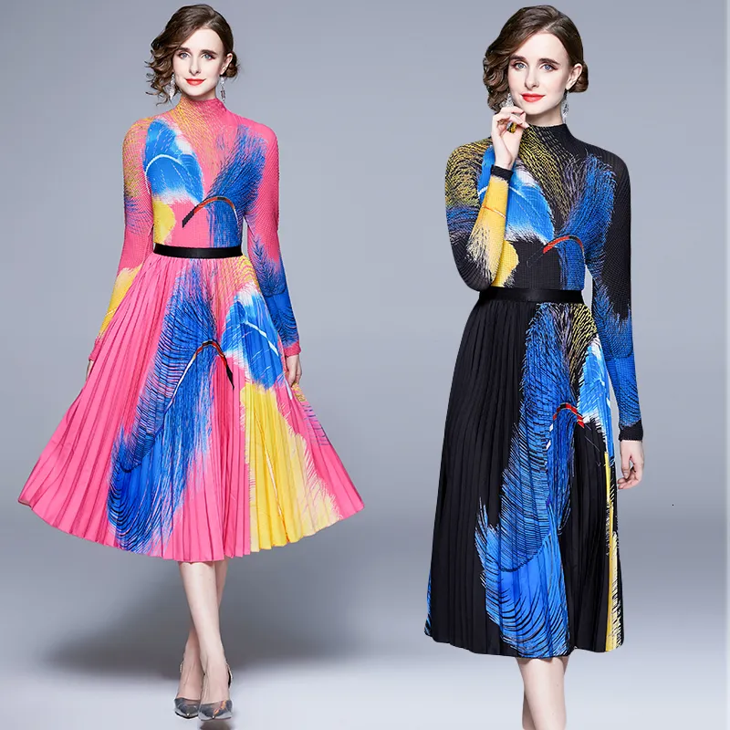 Two Piece Dress Spring Fall Runway 2 Womens Sets Colorful Floral Print O Neck Long Sleeve Top Shirt Blouse Midi Pleated Skirt Suits Outfit 230822