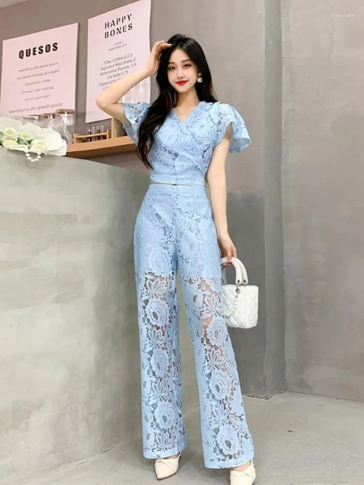 Frauen zweisteuelhafte Hosen Koreaner Sommerstil Promi Set Spitze V-Ausschnitt Kurzarm Top High Taille Wide Bein Sets