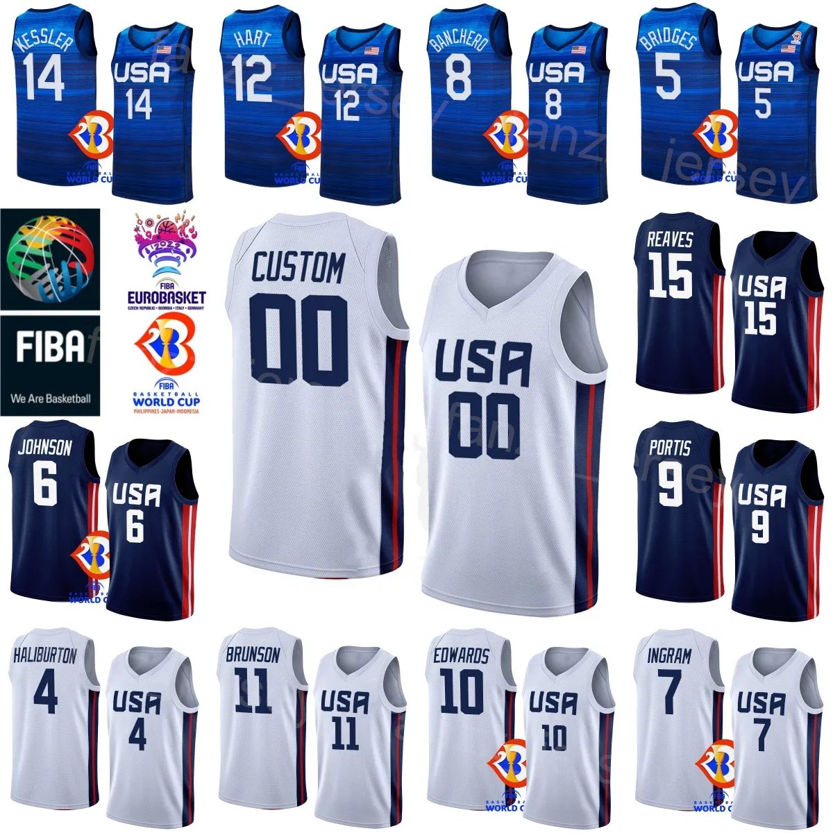 Imprima a Copa do Mundo dos EUA 2023 Basquete 13 Jaren Jackson Jr Jersey 4 Tyrese Haliburton 11 Jalen Brunson 12 Josh Hart 6 Cameron Johnson 8 Paolo Banchero Estados Unidos