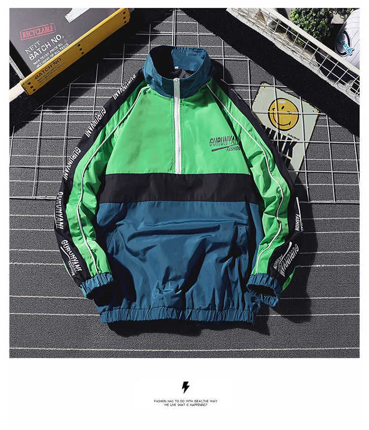 Autumn Mens Patchwork Hooded Bomber Loose Casual Streetwear