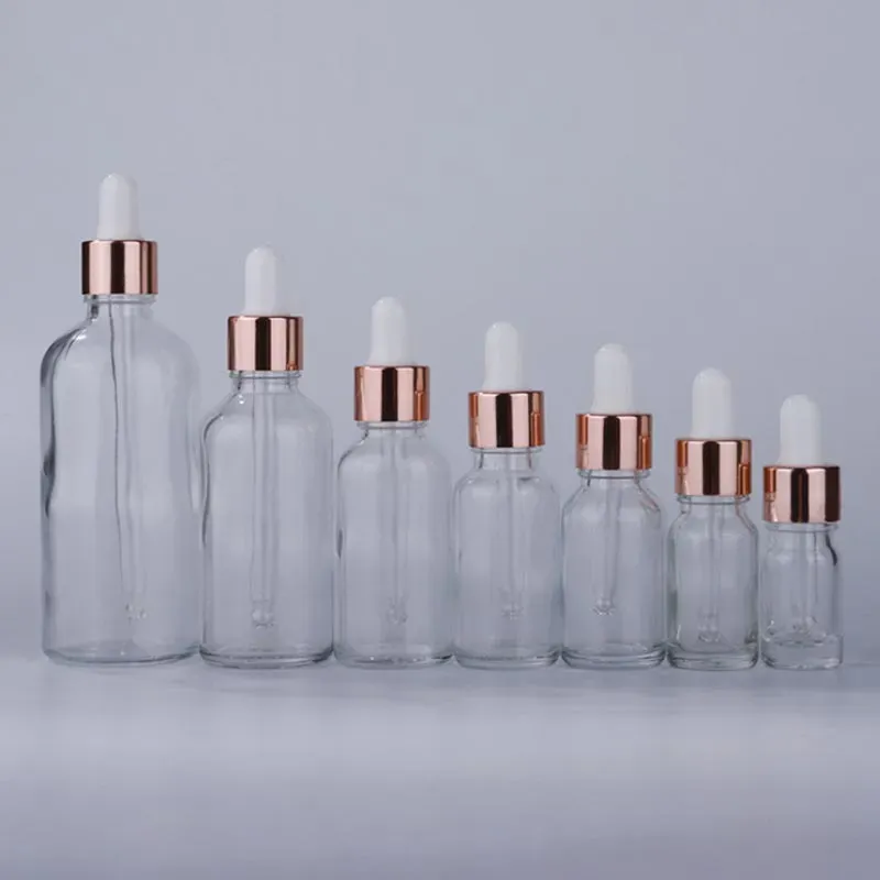 Bottiglie da contagocce riutilizzabili all'ingrosso in vetro all'ingrosso 5-100 ml Contenitore di olio essenziale vuoto con nuovi coperchi in oro rosa LL