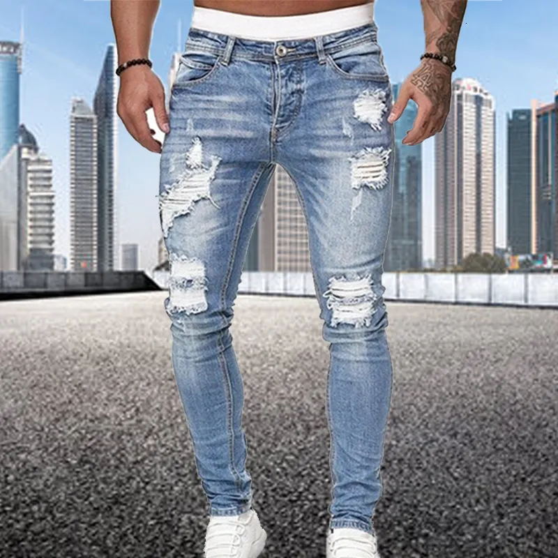 Mäns jeans 2023 Skinny Ripped Fashion Grid Patches Slim Fit Stretch Casual Denim Pencil Pants Sport Jogging Byxor Black 230821