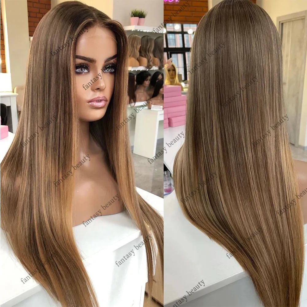 220%density Light Brown Blonde 360 Full Lace Front Human Hair Wigs Highlighted Wig Silky Straight 100% Human Hair 13x6 HD Lace Frontal