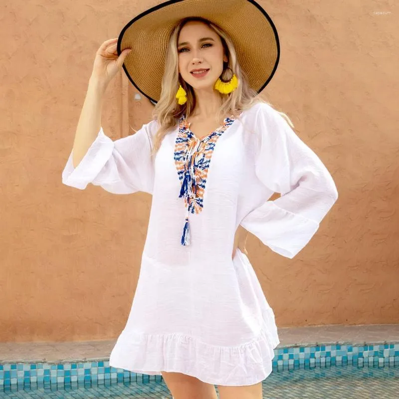 Women's Swimwear Swimsuit Cover Up Tassel Straps Beach Dress Loose Bohemia Above Knee Length Vacation V Neck Long Sleeves Summer