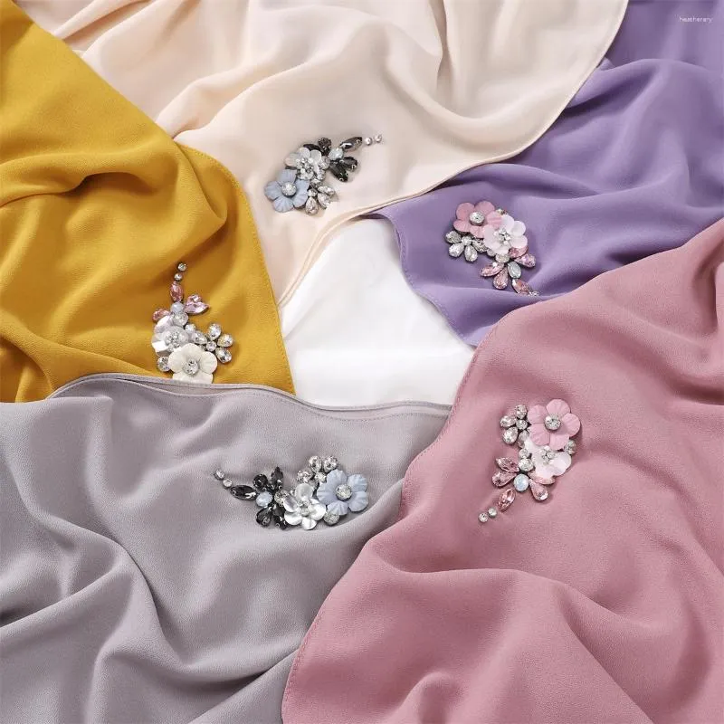 Etniska kläder Premium Rhinestone Chiffon Hijab Scarf Hand Sy Plain Wraps Muslim Islamiska sjalar Shayla Hair Cover Turban Soft Musulman