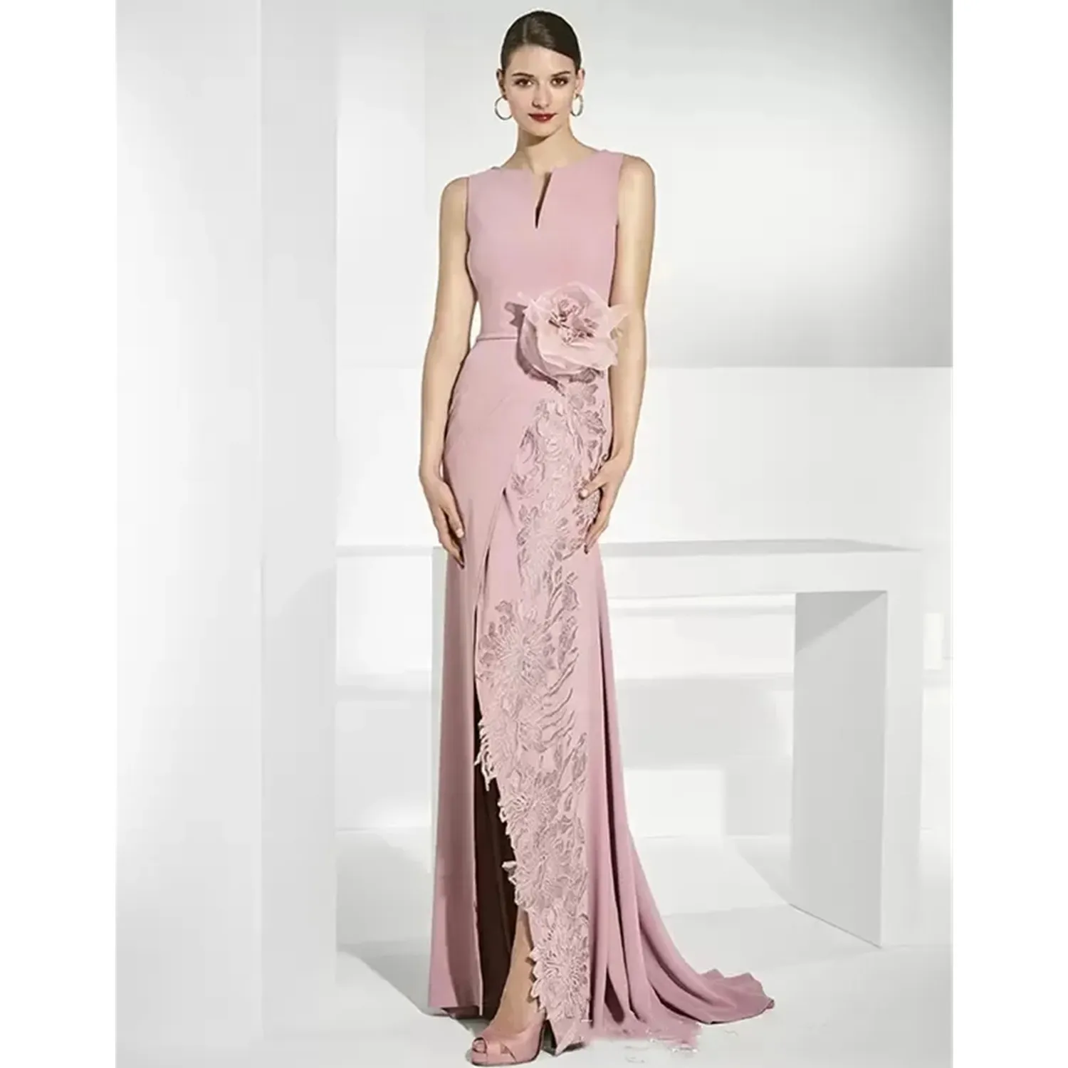 Elegancka różowa długa matka panny młodej sukienki z boku szczelinę bez rękawów Koronka aplikacja syrena ślubna suknie gości Groom Mom Prom Evening Sukienka Plus 328 328