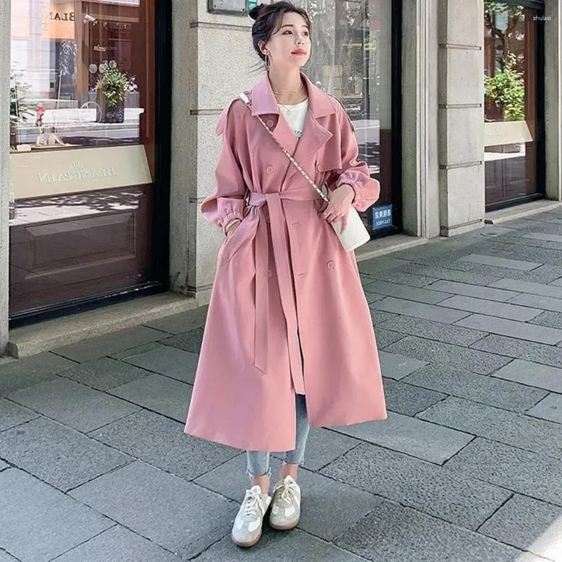 Kvinnors dike rockar Kvinnor tålar rosa med fönsterbrädor Långt vindbreak LAPEL DUBBELBRESTED CASUAL OUTWEAR 2023 KOREAS VÅRDE ATURN JACKETS