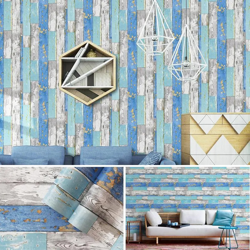 Wallpapers blauw hout zelfklevend behang voor woonkamer slaapkamer meubels huis muren decor 17.7 "x19.ft diy contactpapier sticker