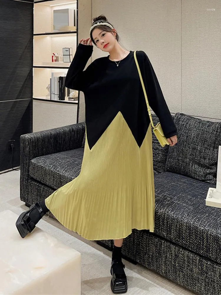 Casual jurken xitao losse t-shirt jurk contrast kleur geplooide splicing zoom 2023 herfst eenvoud vrouwen met lange mouwen ws1001