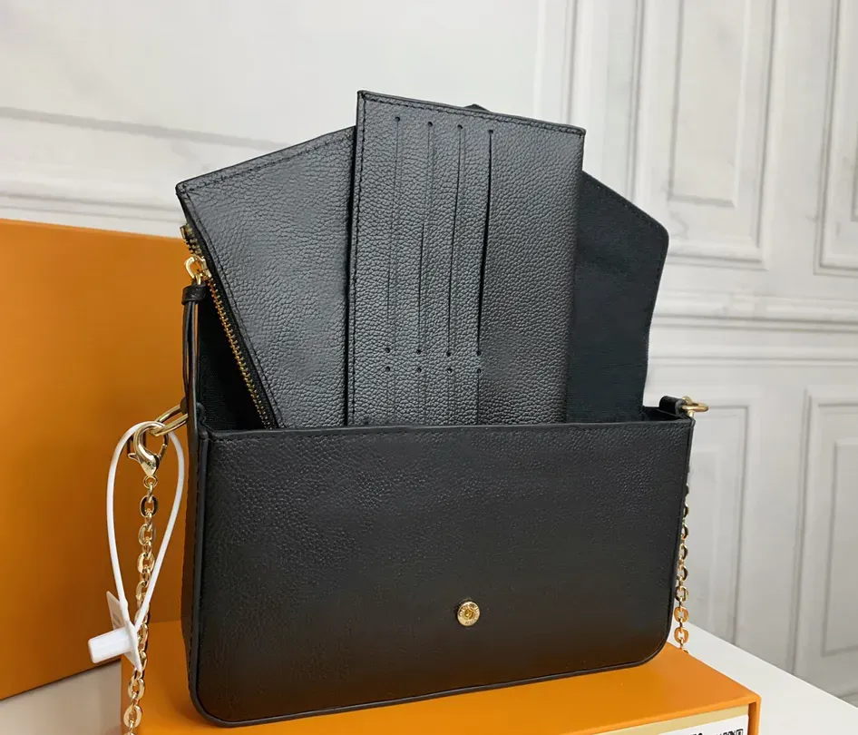 2023 Designer dames schoudertas luxe pochette felicie handtassen in reliëf bloembrieven empreinte lederen mini keten make -uptassen dames mode koppeling portemonnees