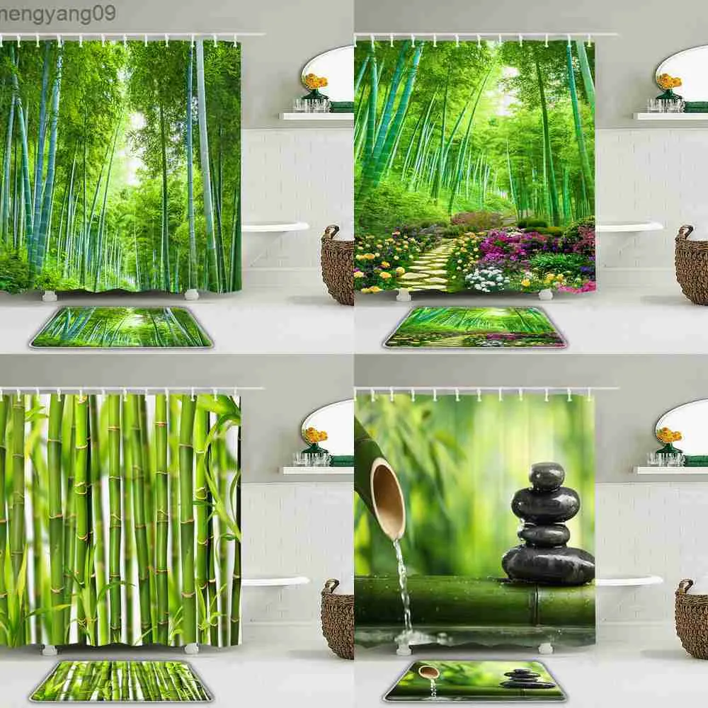 Rideaux de douche Plantes vertes bambou paysage imprimé rideau de douche ensemble tapis imperméable tissu salle de bain rideau pour bain tapis antidérapant R230822