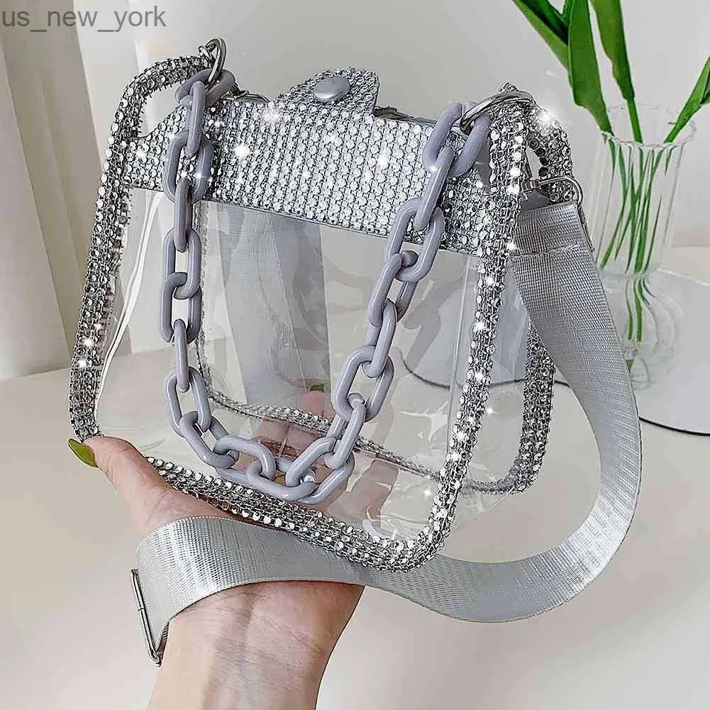 Totes Rhinestone Ladies Handbags Transparent Makaron Chain Small Purses Fashion Personality PVC Clear Jelly Bags Ladies Shoulder Bags HKD230822