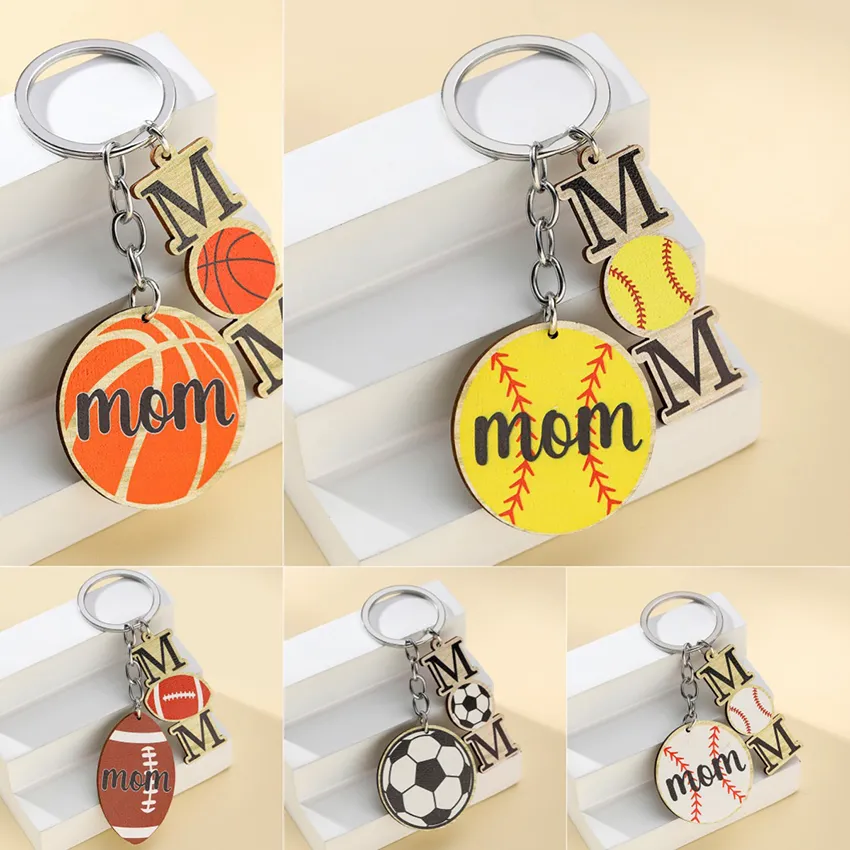 MOM Wooden Keychain Football Basketball Baseball Sports Keychain Pendant Car Keyring Key Chains