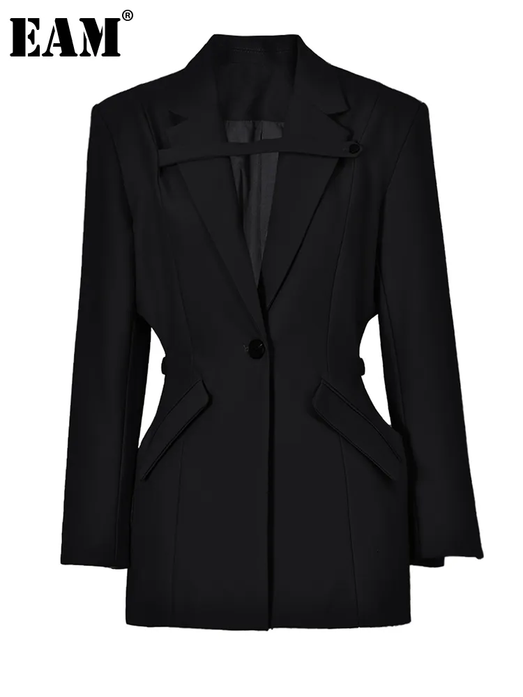 Costumes pour femmes Blazers EAM noir taille évider en forme de Blazer femmes grande taille décontracté revers à manches longues veste mode printemps automne 1DE2566 230822