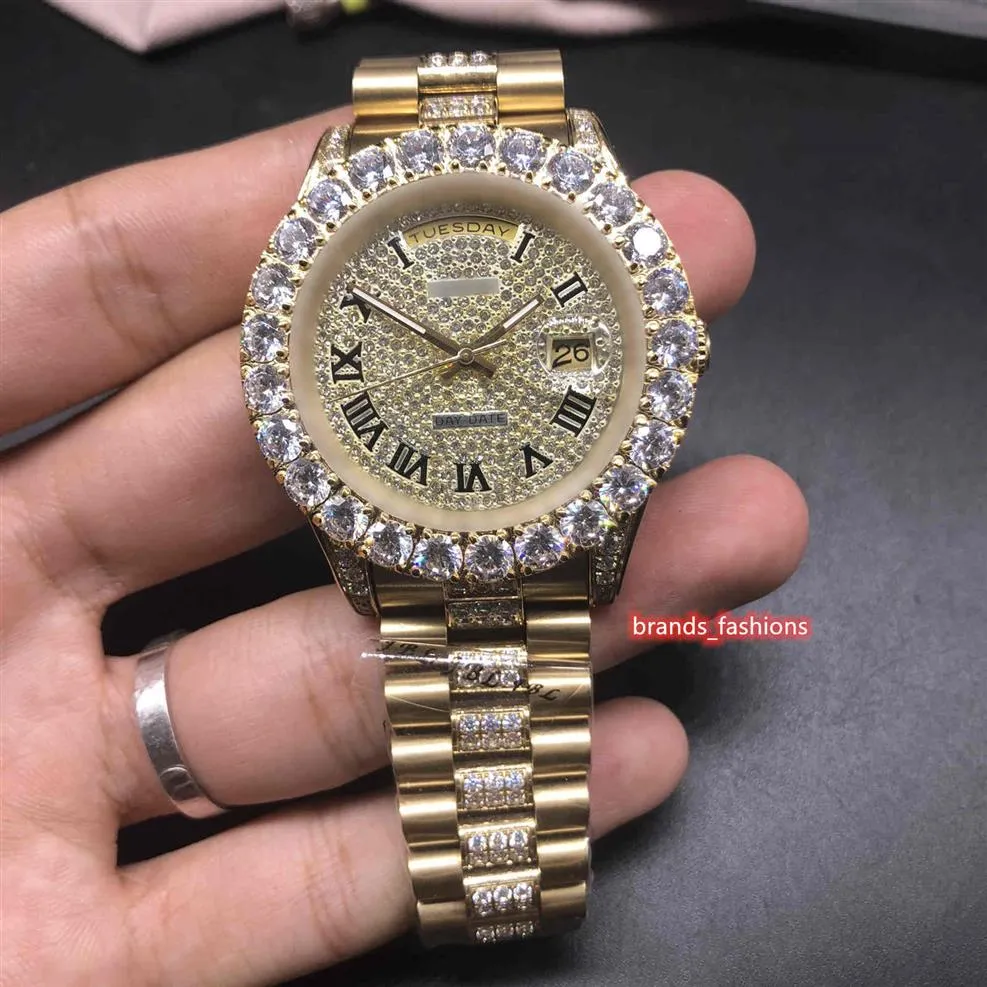 Prong Set Diamond Man's Watches Gold Diamond Face Watch Stainless Steel Middle Row Diamond Watch Automatic Mechanical Fashion261T