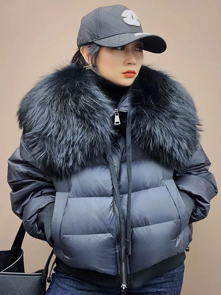 Feminino furão de jacket de inverno feminino mulheres grandes colarinho de guaxinim de parkas curtos parkas grossos quentes 90% de ganso baixado solto 230822