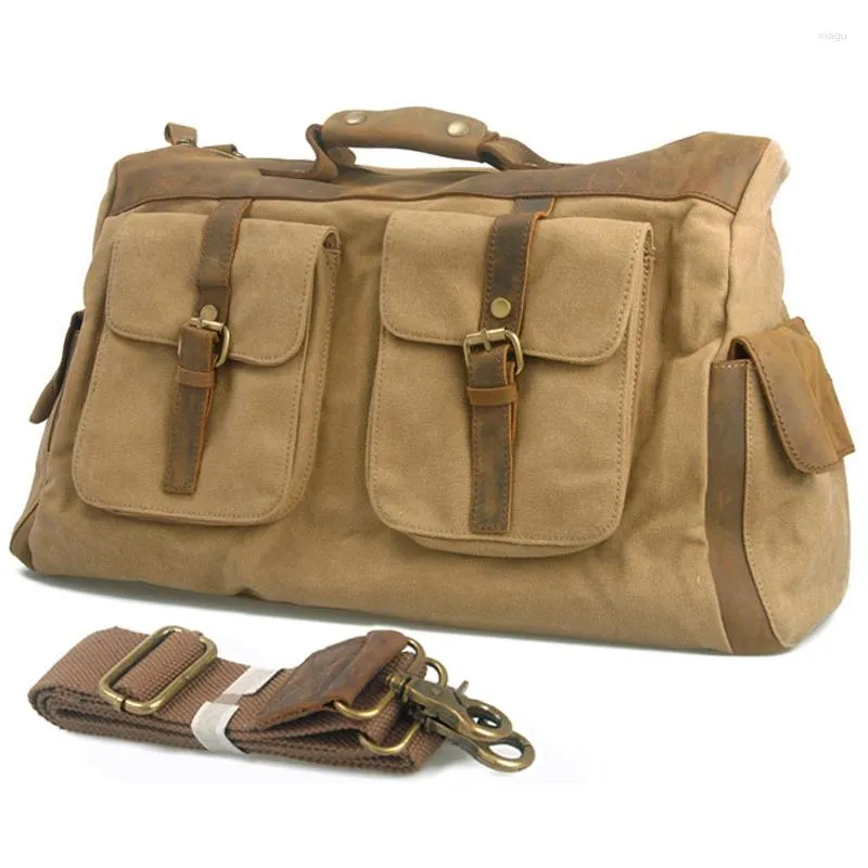 Duffel Bags 2023 Fashion Vintage Crazy Horse Leather Canvas Bagage Travel Heren grote capaciteit Overnachting Bag Weekend