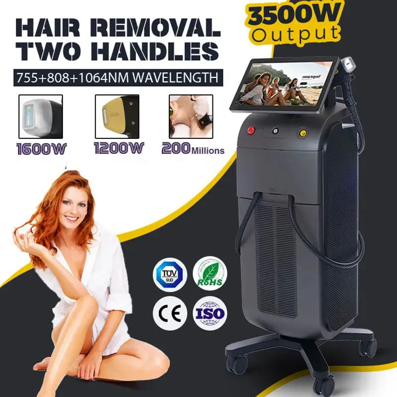 Professional 808nm Double Handles Diode Laser Hair Removal Machine 3 Wavelength 755 808 1064nm Suitable for All Kinds of Skin