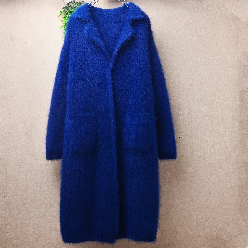 Womens Knits Tees 04 Female Women Fall Winter Clothing Blue Hairy Mink Cashmere Knitted Long Sleeves Loose Cardigans Angora Fur Coat Sweater Pull 230821