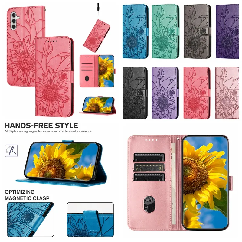 Sunflower PU lederen portemonnee kisten voor Samsung S23 Fe plus S22 Ultra M54 M14 M33 M52 A73 A54 A53 A33 A34 A33 A32 A23 A24 A24 Mode Flower ID Card Slot Cash Flip Cover Telefoon Pouch