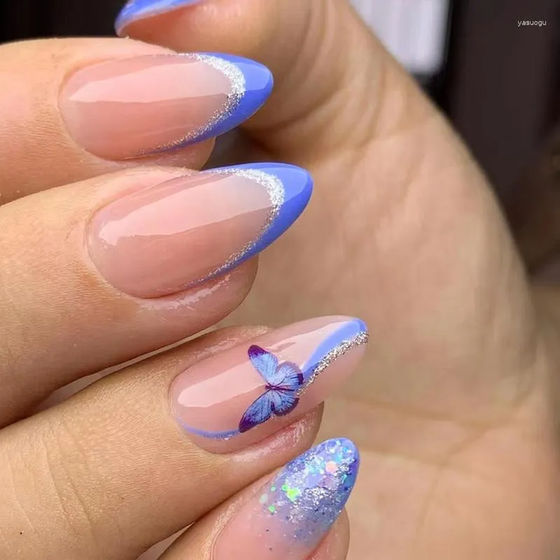 Valse nagels elegante dromerig blauw paarse glitter amandel schattige vlinder nep lijm afgewerkt volle hoes gemakkelijk te dragen charme vrouw DIY