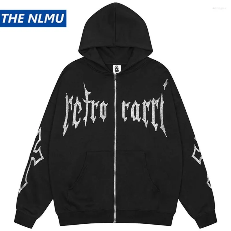 Erkek Hoodies Goth Punk Hoodie Rhinestone Mektup Çapraz Zip-Up Sweatshirts Erkekler Harajuku Büyük Boy Hip Sokak Giyim Y2K Siyah