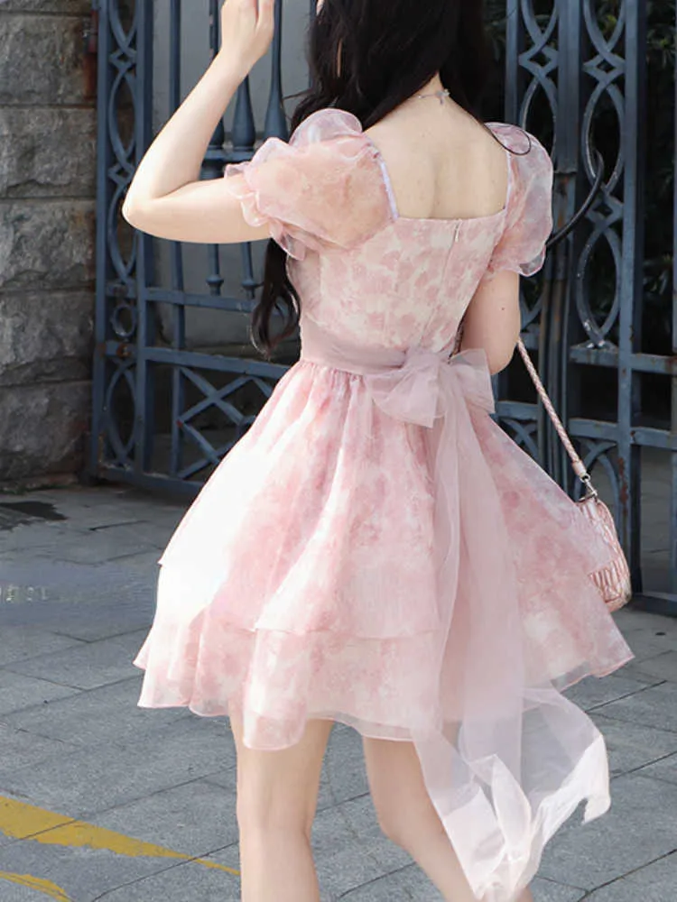 Summer Pink Kawaii Lolita Dres Print Korea Cute Party Mini Dress Female Puff Sleeve Beach Casual Elegant Fairy 230808