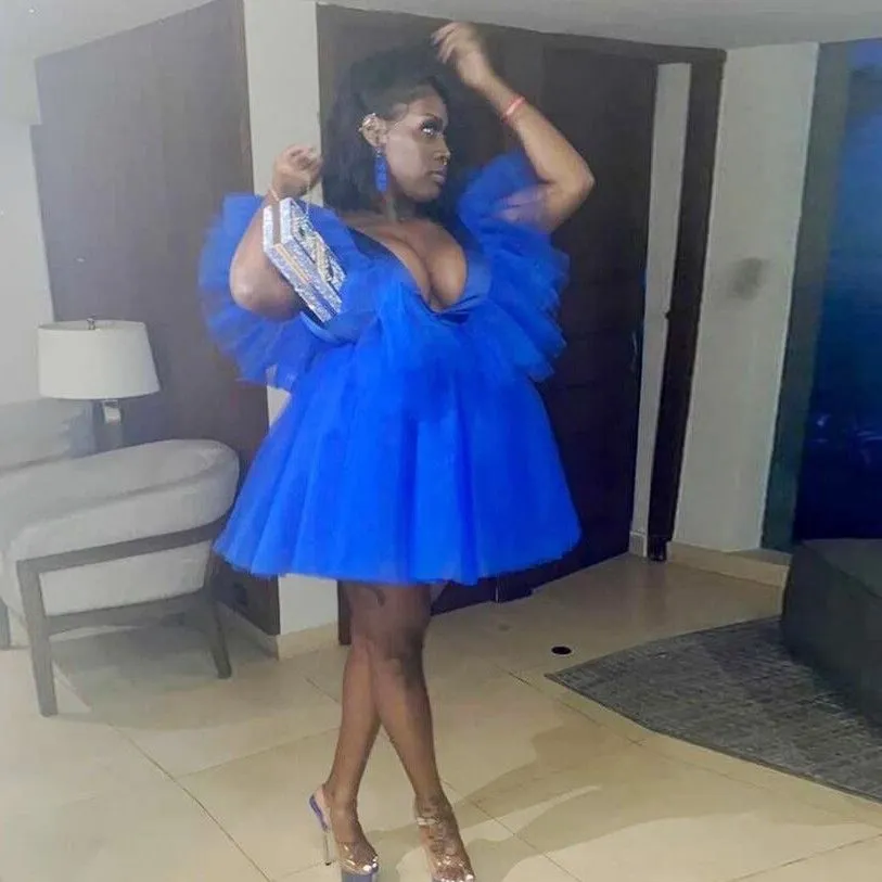 short puffy blue dress Baby Blue Lace Puffy Short Party Dress Graduation Junior Prom Cocktail –  Siaoryne main image 0